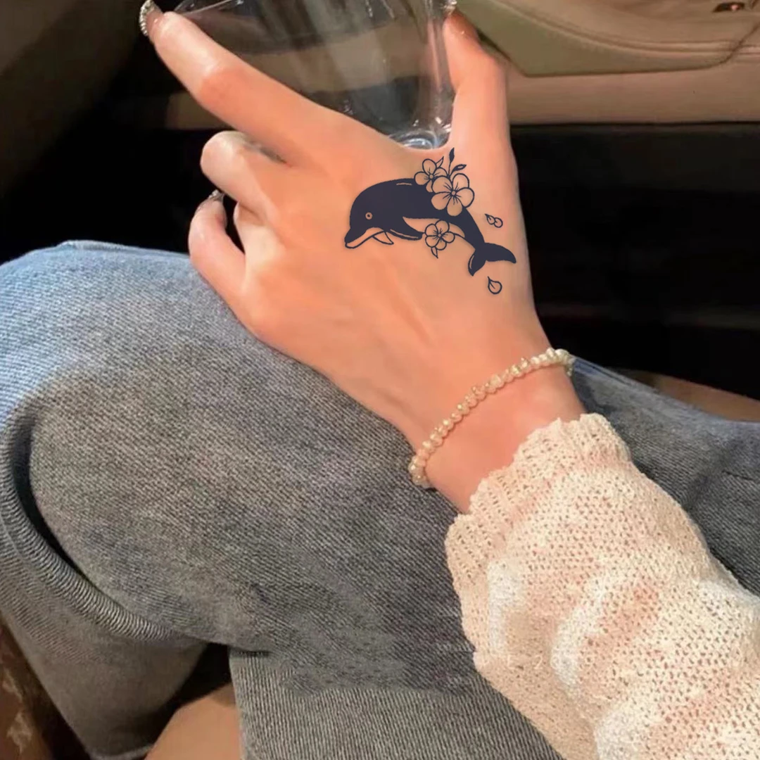 樱花小海豚草本果汁纹身贴防水持久逼真半永久纹身贴ins风爆款