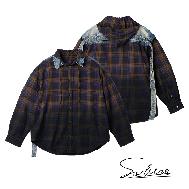 SUNTEEZA阔版格纹复古渐变男女拼接牛仔连帽衬衫