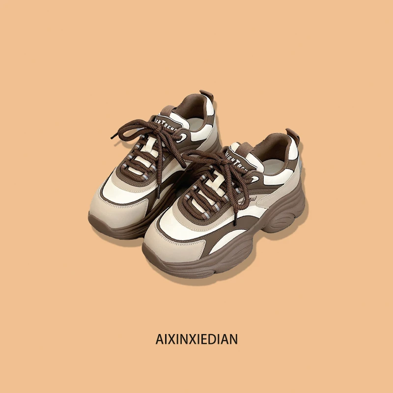 2024春秋真皮老爹鞋女式ins运动鞋黑白增高旅游鞋时尚百搭厚底