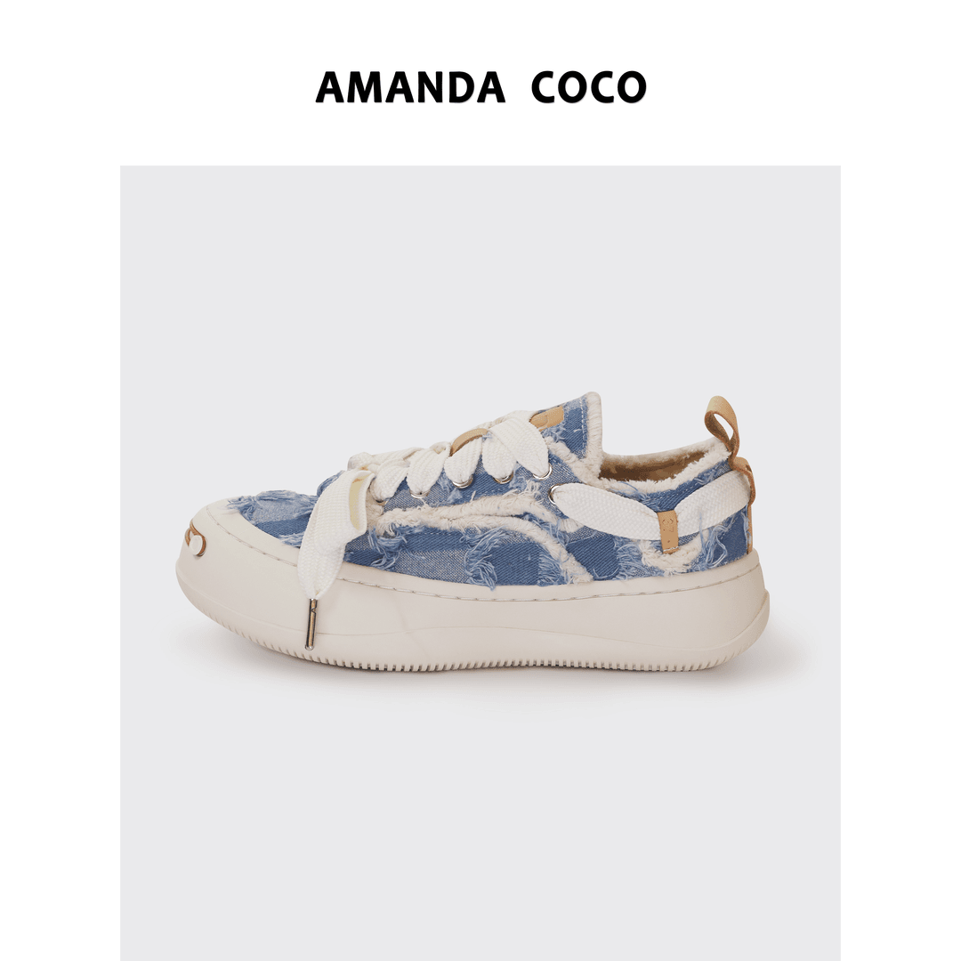 KEY#  欧货潮牌~浅蓝格子牛仔开口笑厚底鞋