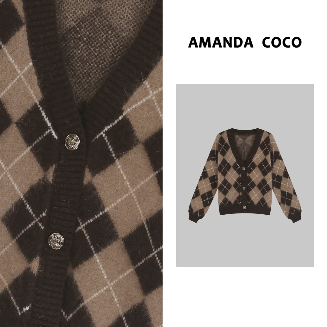 潇潇# 设计师款~高定时尚气质菱形格子V领气质毛衣