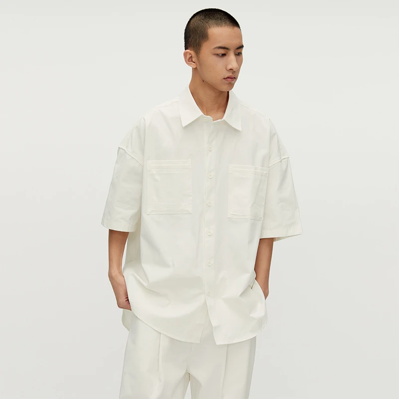 SouthStudio短袖男25夏季纯白色翻领双口袋开襟简约百搭T衬衫