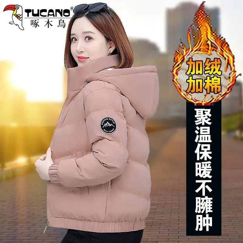 啄木鳥加绒棉服女短款冬季2023年新款棉衣冬装爆款加厚小棉袄外套