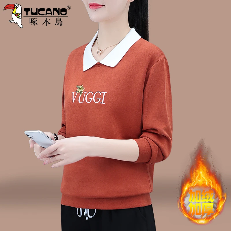 加绒卫衣女2022新款秋冬装加厚时尚宽松短款polo领休闲上衣打底衫