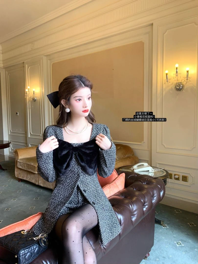 YEXIAOTING 赤道痕迹 丝绒蝴蝶结外套短裙两件