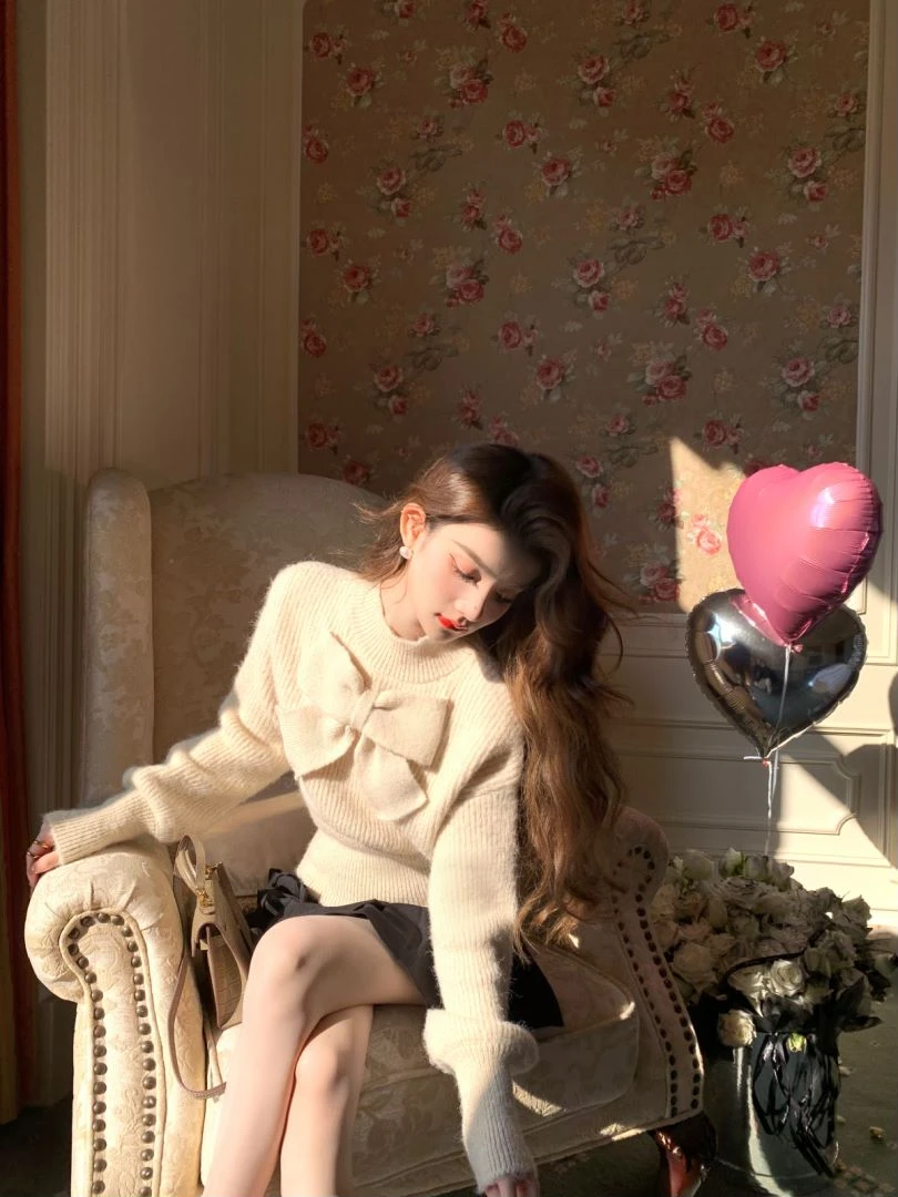 YEXIAOTING叶小婷 星月软糖 小众百搭针织上衣收腰显瘦蝴蝶结毛衣