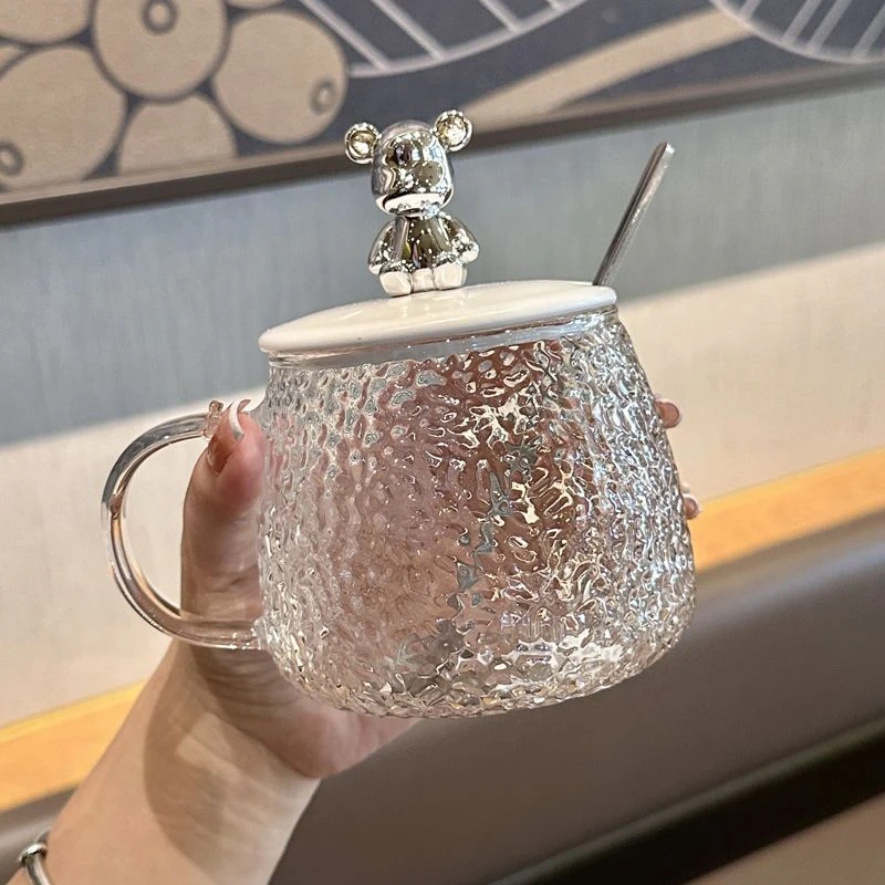 小熊锤纹杯带盖勺高颜值可爱耐热玻璃杯水杯女士办公室咖啡杯家用