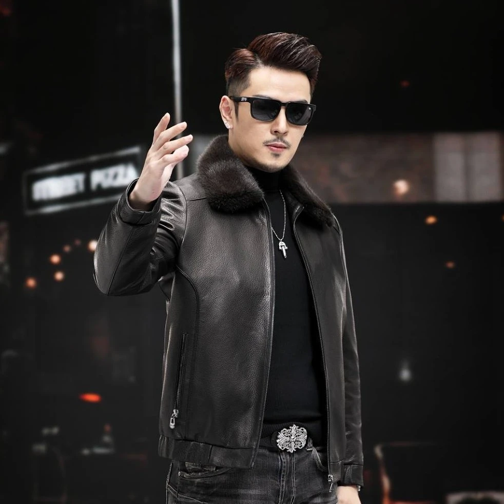 VBA 商城 5522YRSD 山羊皮翻领水貂毛领羽绒内胆真皮皮衣男皮夹克