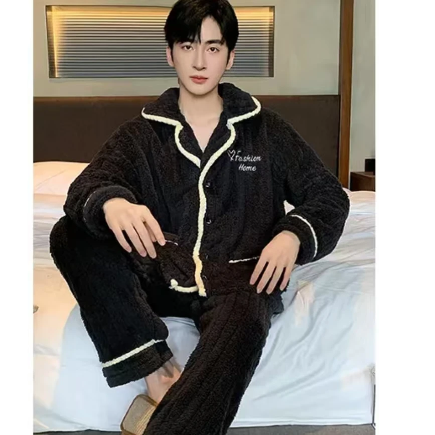 男士冬款时尚休闲加绒加厚长袖珊瑚绒保暖可外穿家居服套装秋冬季