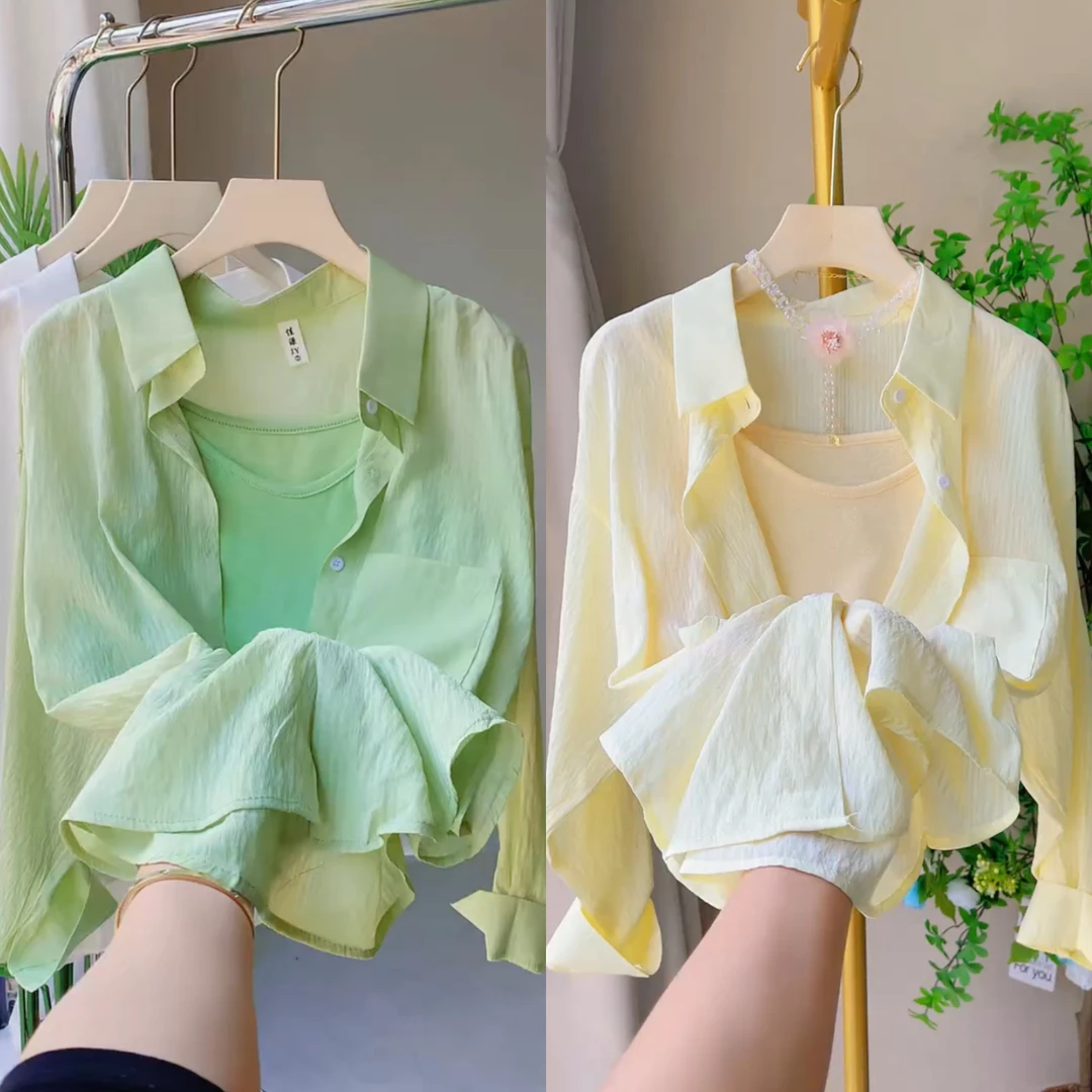 纯色防晒衬衫女2025夏季宽松百搭轻薄长袖开衫衬衣条纹吊带两件套