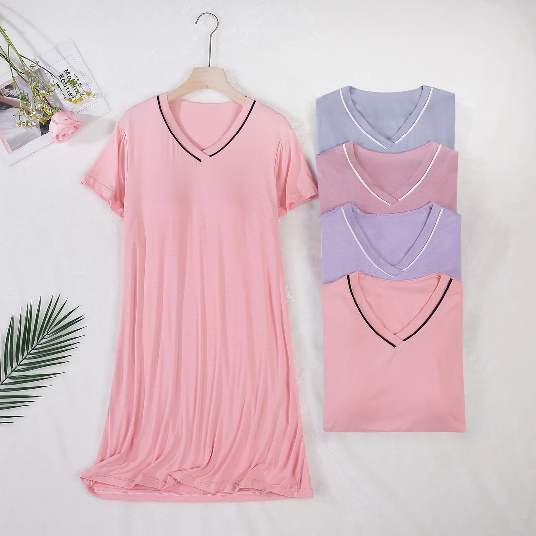 莫代尔短袖睡裙女夏季新款薄款带胸垫连衣裙孕妇睡衣可外穿家居服