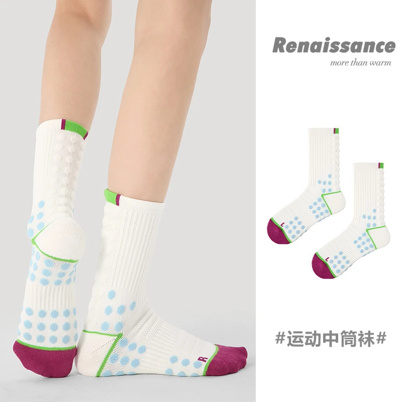 Renaissance 运动袜女士撞色潮袜吸汗防臭透气长筒袜毛巾底跑步袜