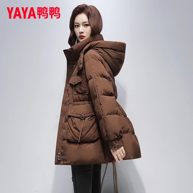 YAYA/鸭鸭中长款羽绒服女2025冬季新款收腰休闲显瘦女士羽绒外套