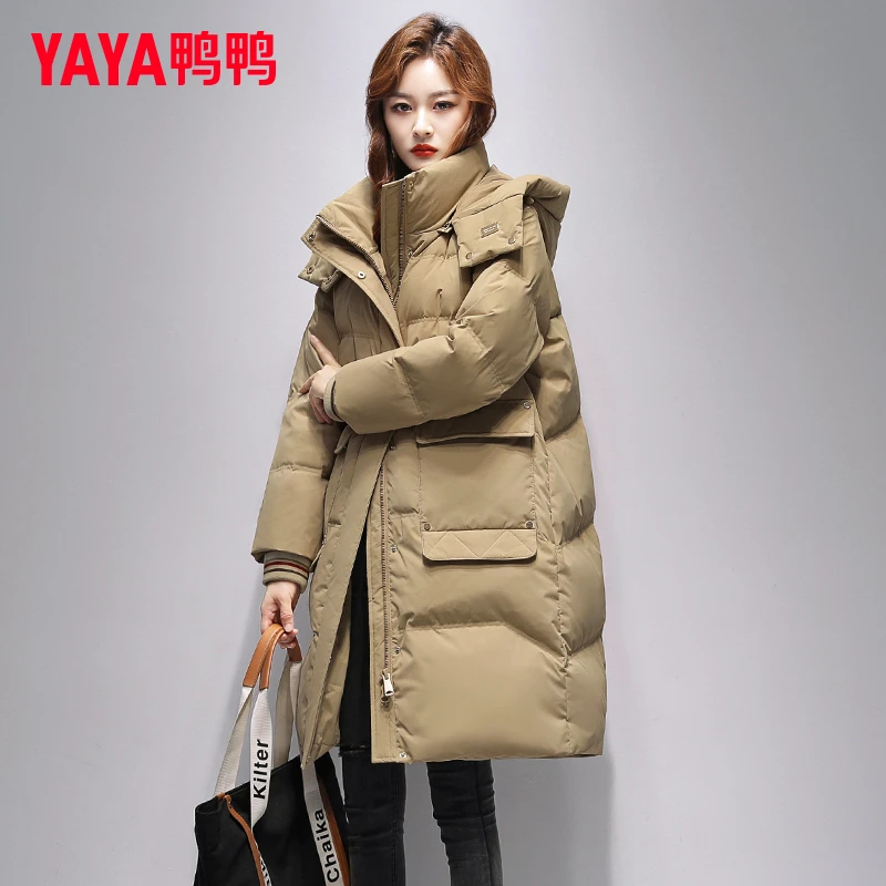 YAYA/鸭鸭羽绒服女2024新品中长款连帽时尚百搭保暖加厚鸭绒外套