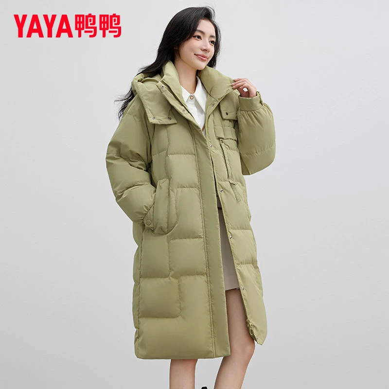 YAYA/鸭鸭2024年冬季新款羽绒服女中长款连帽时尚韩版鸭绒羽绒服