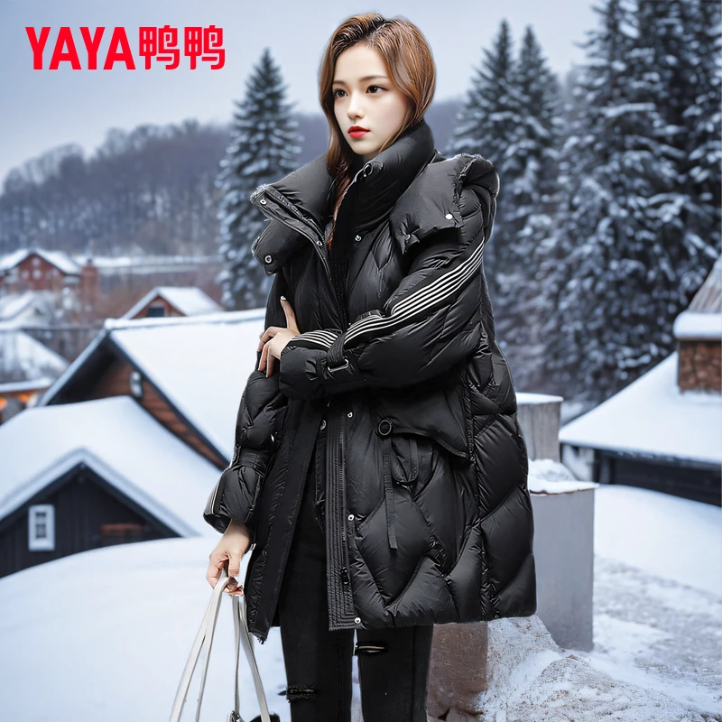 YAYA/鸭鸭羽绒服女2025新款冬季中长款设计感外套宽松显瘦外套潮