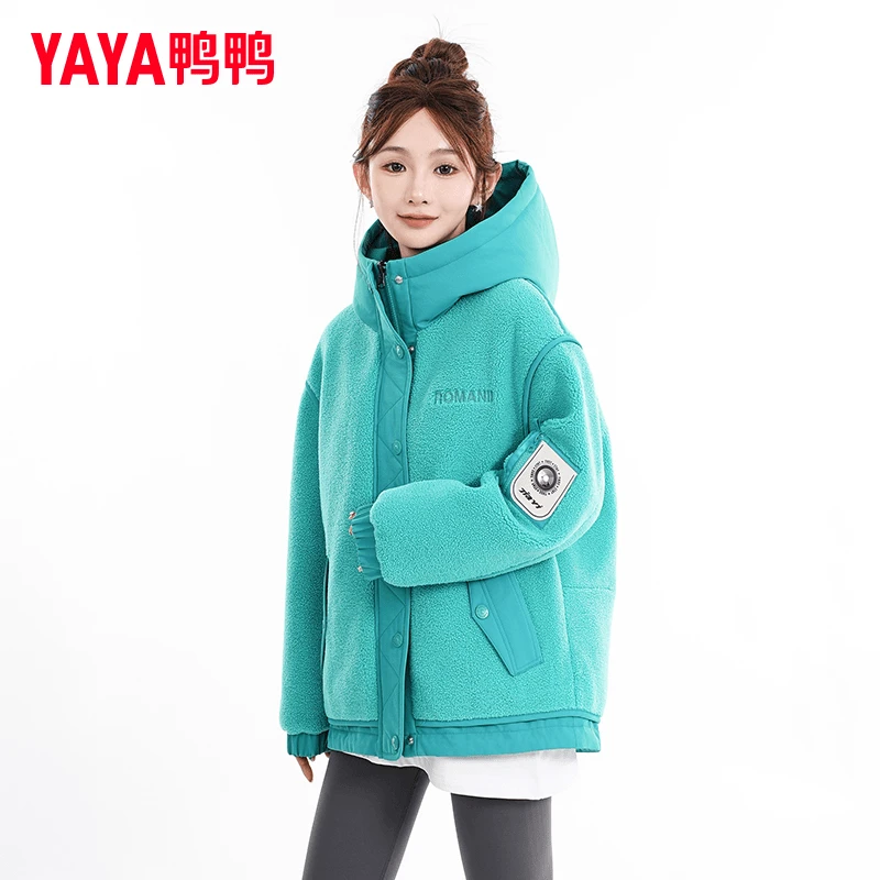 YAYA/鸭鸭品牌中长款羽绒服女2025新款时尚连帽羊羔绒学院风外套