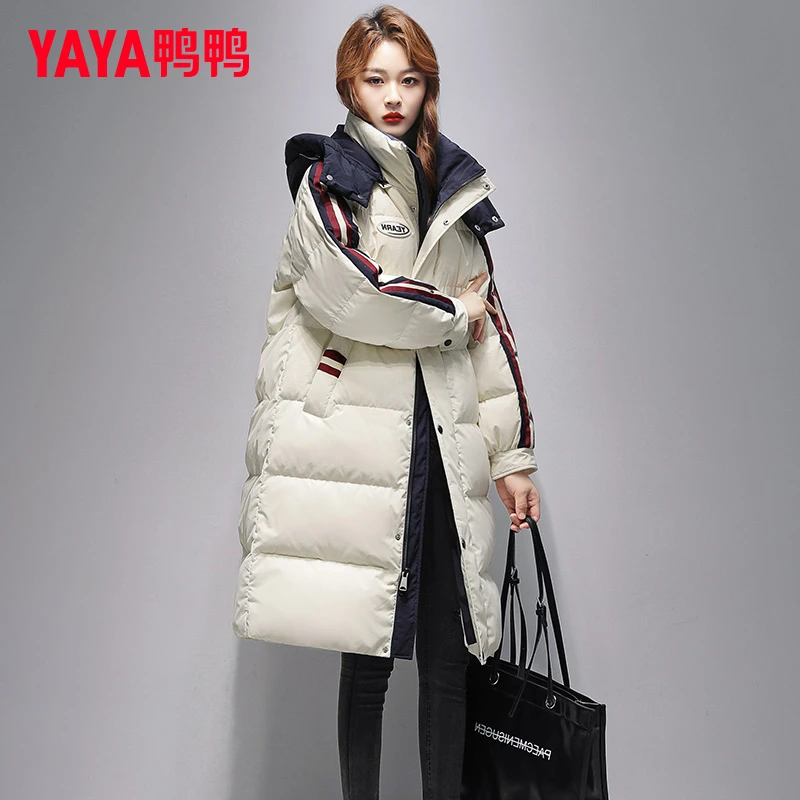YAYA/鸭鸭长款撞色羽绒服女2025年冬季新款韩版时尚休闲加厚保暖