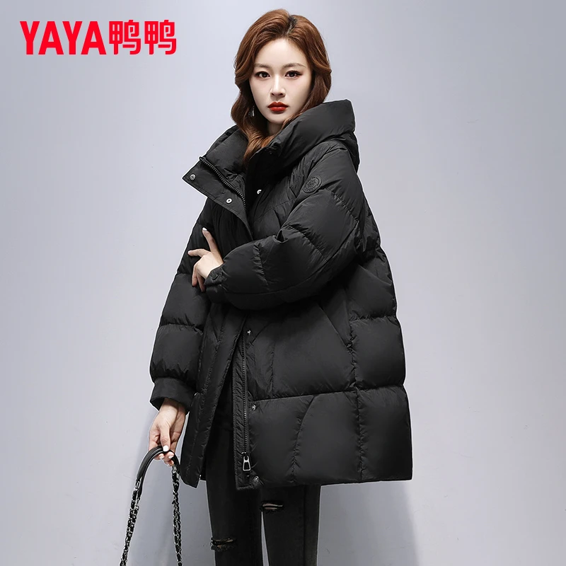 鸭鸭中长款轻薄连帽羽绒服女冬款2024新款韩版时尚加厚鸭绒外套