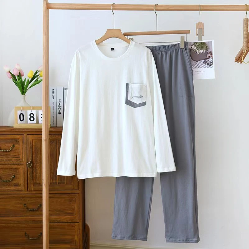 男士长袖简约舒适宽松休闲开襟套头圆领分体睡衣套装（不限于主图）