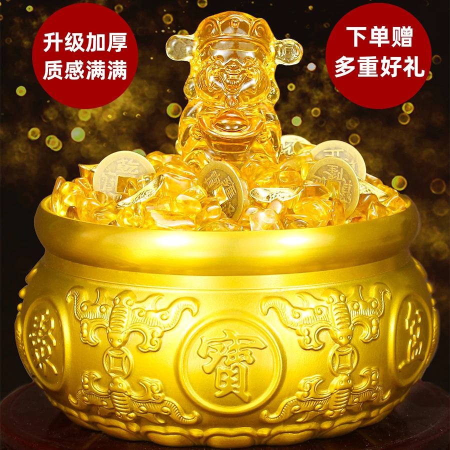 工艺品大号摆设桌面创意铜八福聚宝盆中式家居实心黄铜米缸摆件