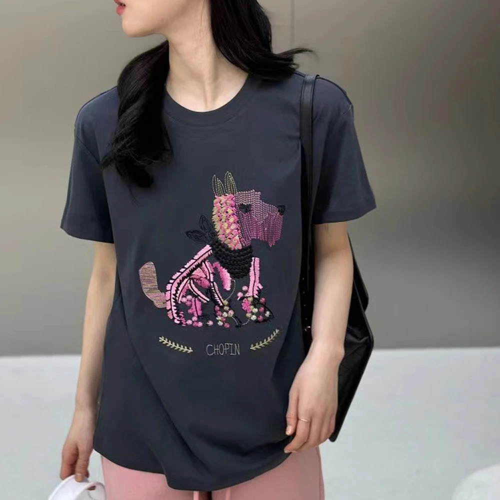 2024新款夏季时尚百搭潮流重工绣花小狗纯棉女士短袖宽松大版t恤