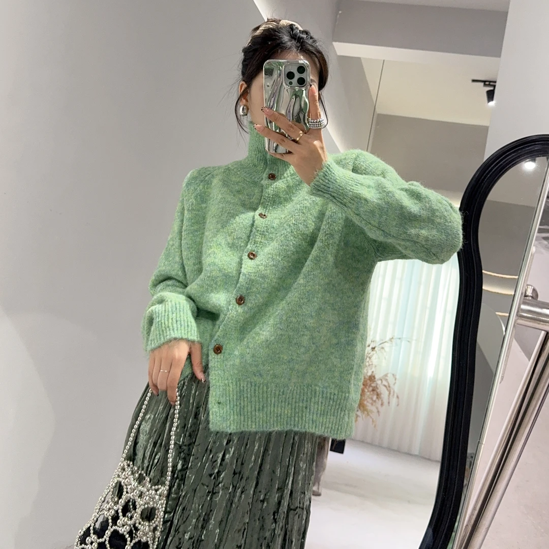 大禾【立领翻领两穿】拼接气质显瘦毛衣女保暖冬季宽松针织开衫外套