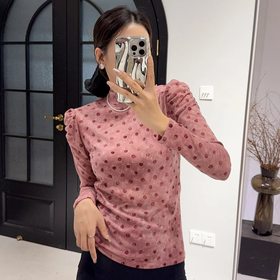 大禾【晕染植绒烫花】波点长袖T恤女秋冬季打底衫女中领百搭体恤衫