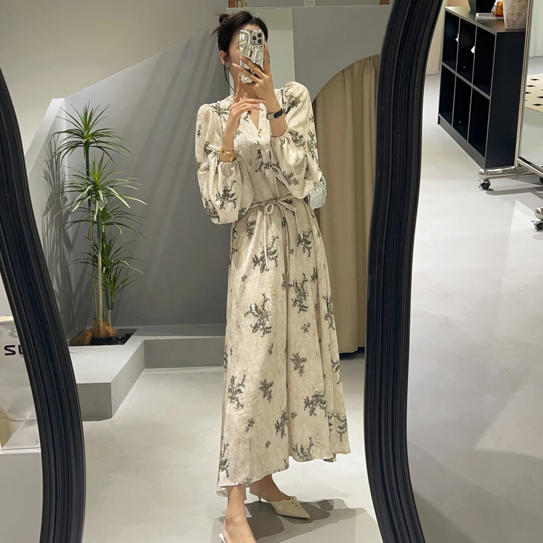 设计师 法式V领提花长袖宽松系带连衣裙女春季气质显瘦时尚长裙子