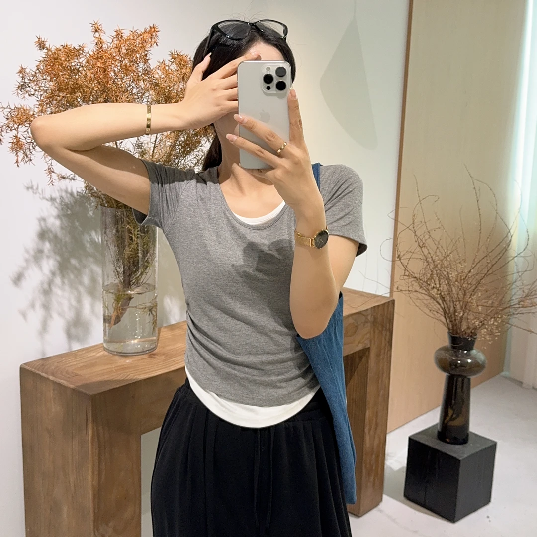 大禾 撞色拼接短袖T恤女夏季打底衫女圆领百搭宽松休闲减龄体恤衫