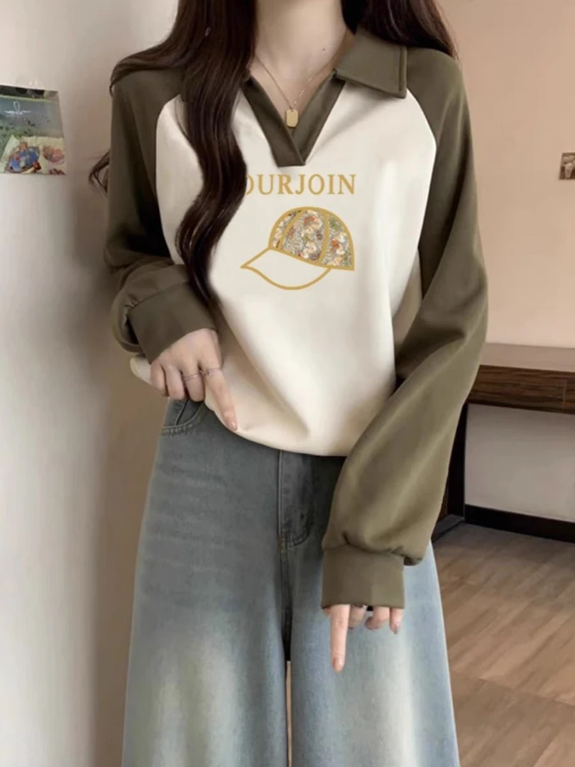 短款Polo领撞色插肩V领上衣潮正肩卫衣女2023新早秋季上衣女秋季