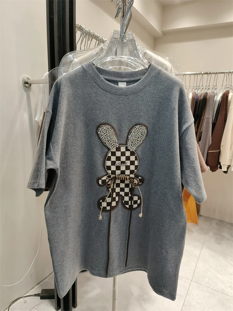 欧洲站大码重工磨毛加厚T恤女秋冬季慵懒风宽松短袖上衣打底衫