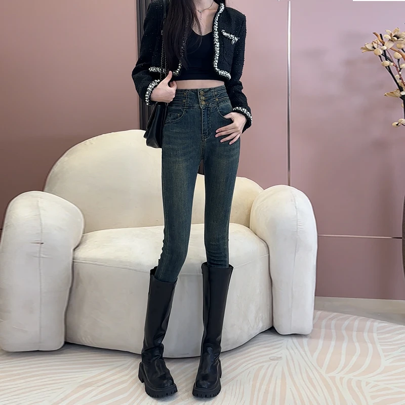 水泥灰牛仔裤女2024秋季新款高腰显瘦小脚裤弹力百搭铅笔裤子女