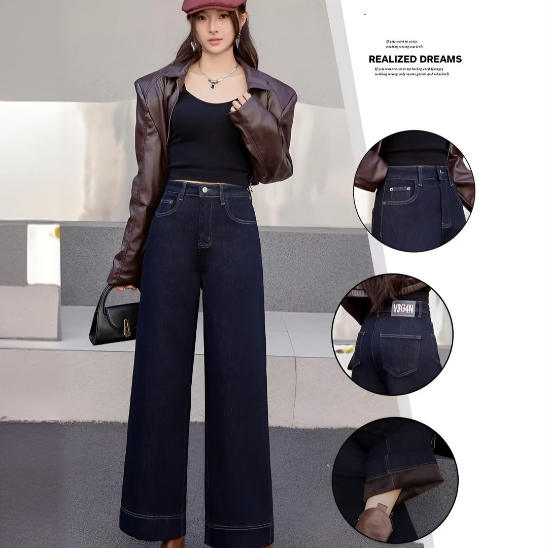 燕苹冬季新款时尚休闲加绒加厚高腰显瘦复古阔腿直筒牛仔裤HP9063