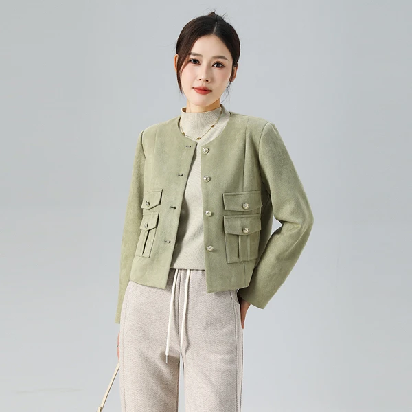 燕苹新秋款时尚休闲气质百搭复古圆领纯色女士小香风外套AMA3679