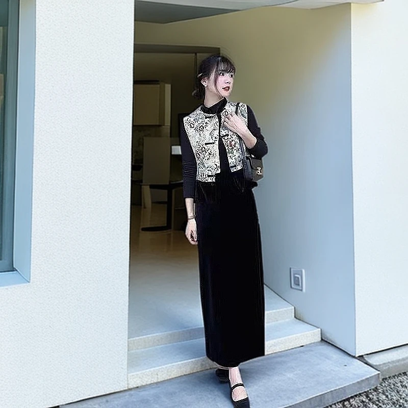 YANPING/燕苹气质网红提花百搭显瘦马甲+丝绒连衣裙民族风CX23105