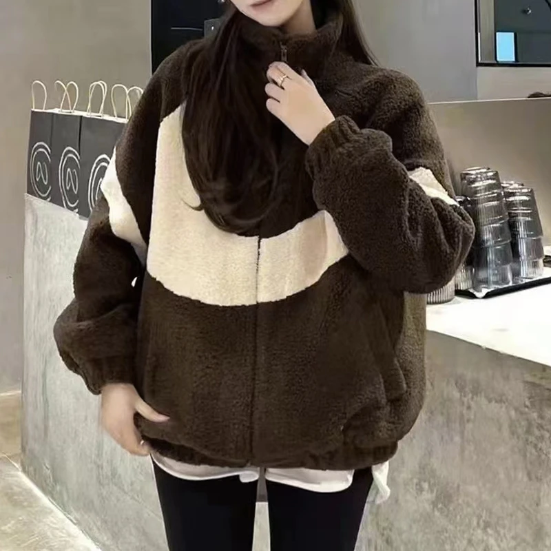 YANPING/燕苹新款加厚时尚气质宽松皮毛一体拼色百搭立领外套8832