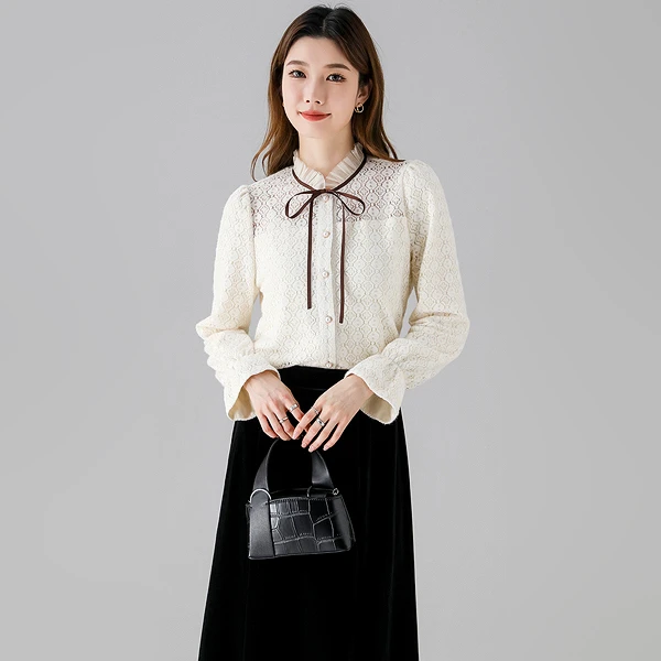 燕苹秋冬季新款甜美加绒保暖木耳领蕾丝喇叭长袖加绒纯色打底CX81