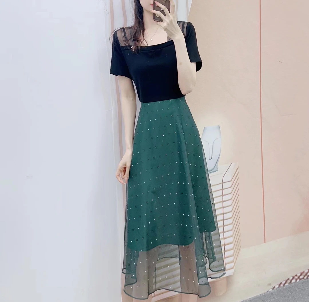 367夏季新品汉派气质韩版网纱镶钻假两件短袖中长连衣裙01367/C3