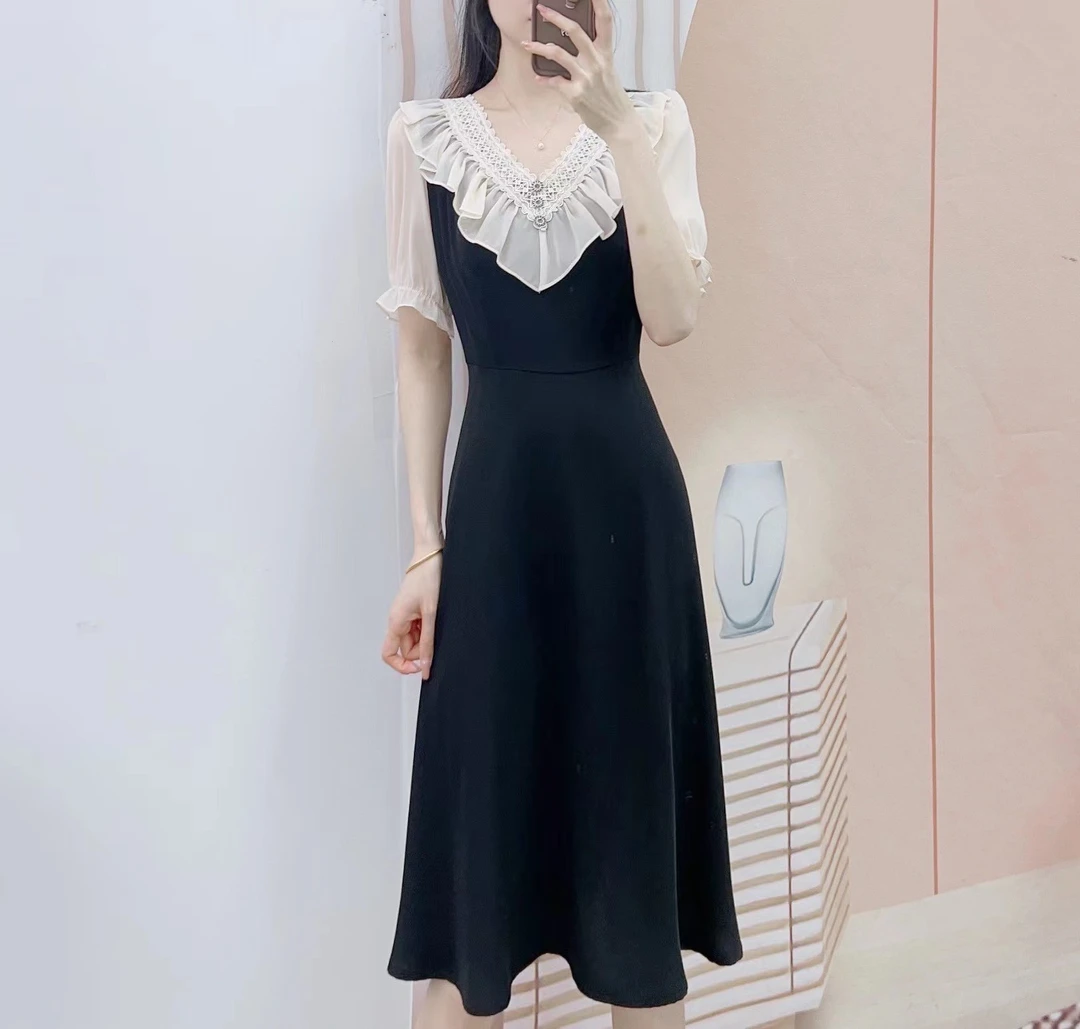 066新品汉派时尚气质通勤V领雪纺甜美短袖中长连衣裙M232L066/C3