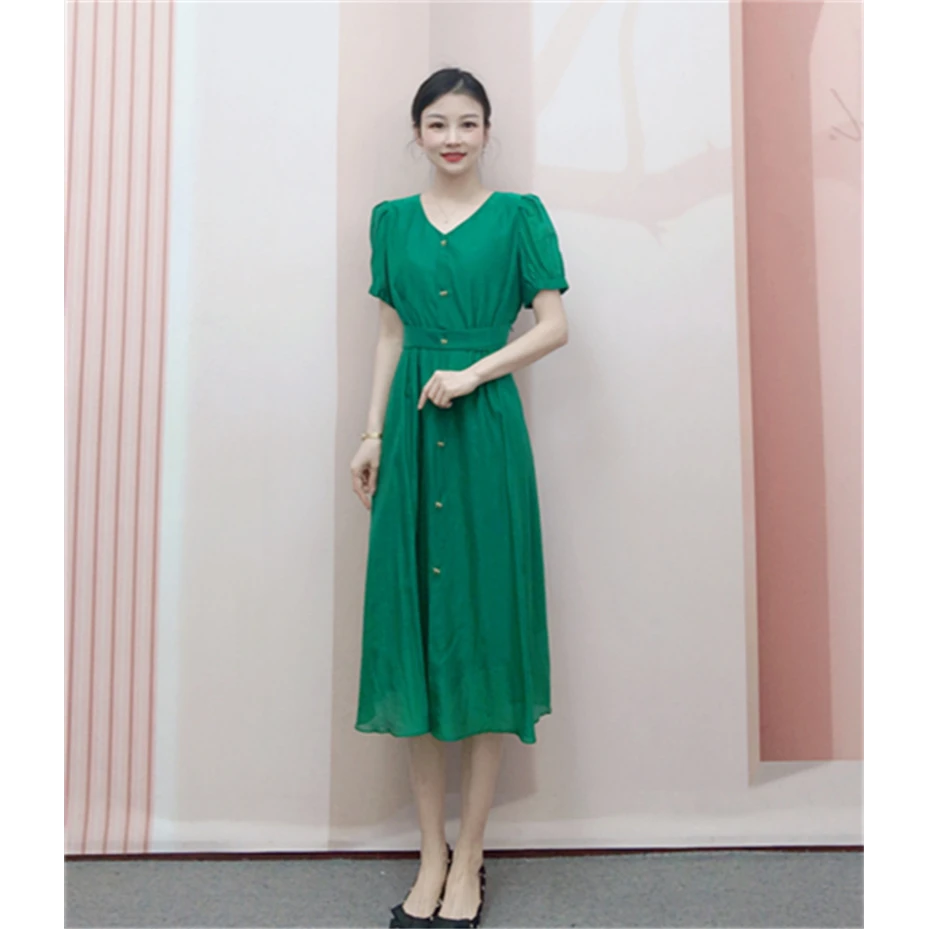 175清C3夏季新品女装汉派时尚通勤V领短袖简约显瘦中长连衣裙