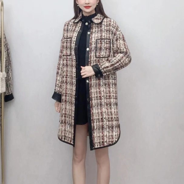 017秋季粗纺拼接PU皮边中长款外套大衣017长外套I5