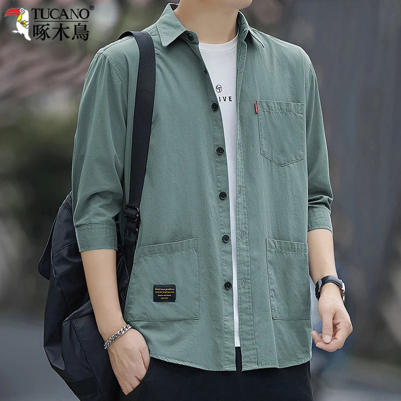 啄木鸟正品纯棉夏季休闲薄款七分袖衬衫男士工装衬衣外套中袖短袖