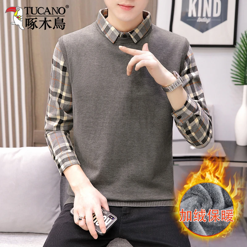 啄木鸟正品秋冬季毛衣男士打底线衣加绒保暖假两件针织衫线衣男