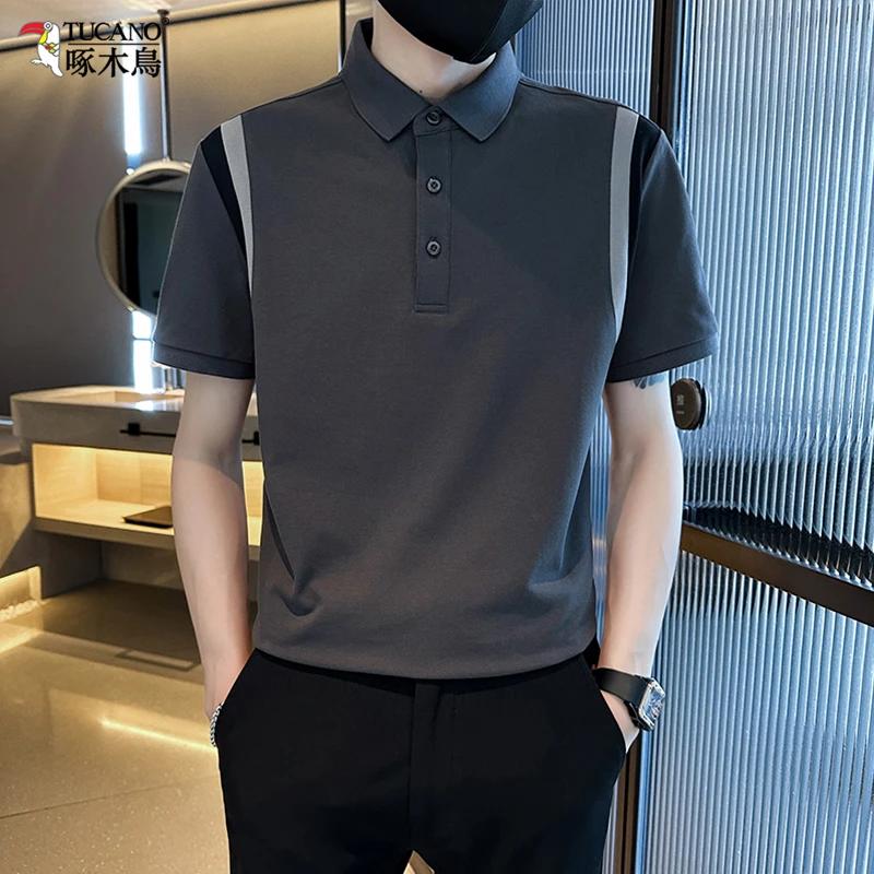 啄木鸟男士短袖撞色拼接polo衫夏季薄款t恤时尚翻领休闲痞帅体恤