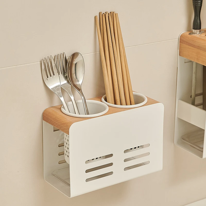 筷子置物架家用筷子筒家庭新款沥水收纳盒挂筷子篓筷笼原木风锅盖