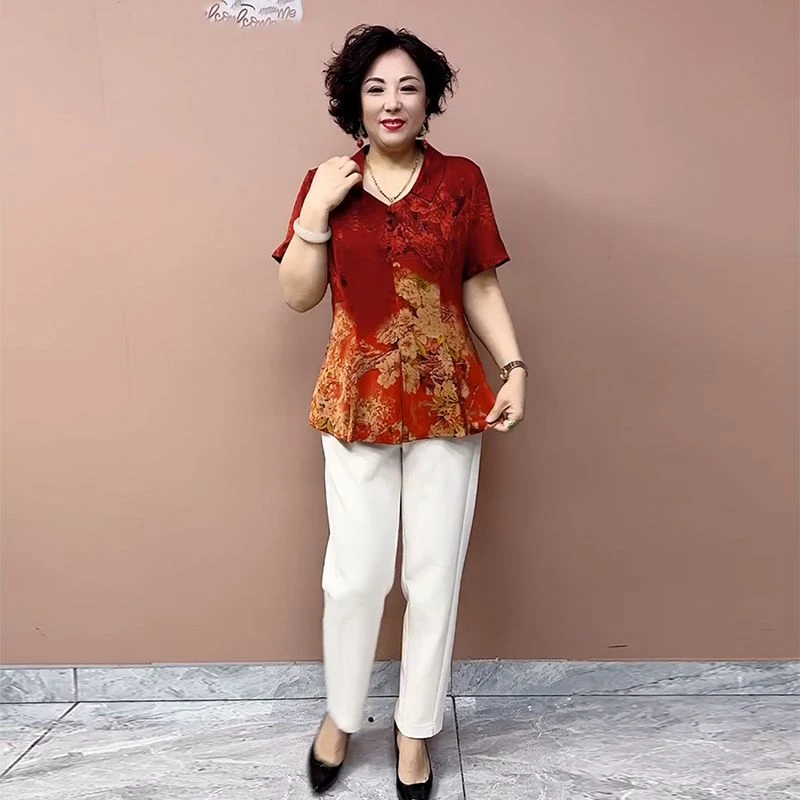 洋气大码妈妈衬衫时尚收腰娃娃领上衣夏季新款短袖中老年小衫女