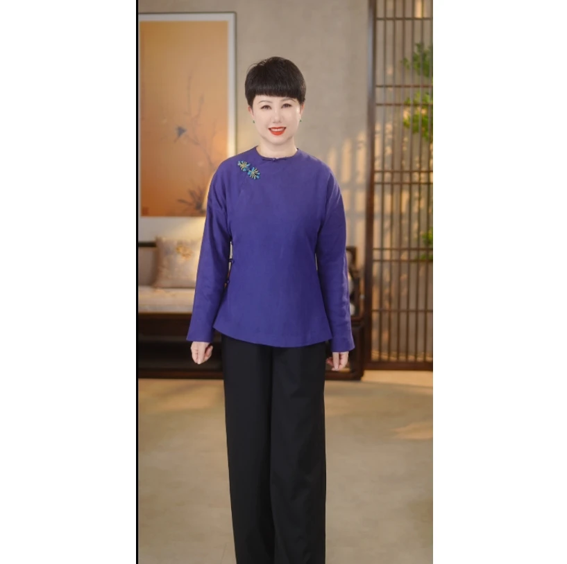 百分百桑蚕丝新中式连袖全开襟圆领上衣3611