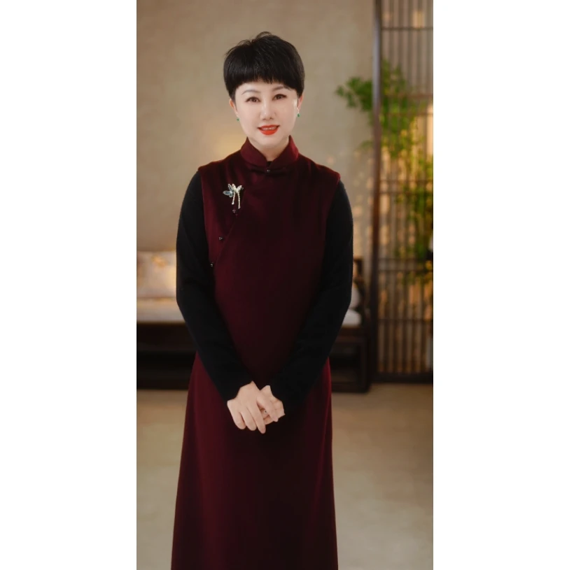 直播间特价 2025年春秋冬羊绒绵羊毛无袖立领新中式背心裙A3766