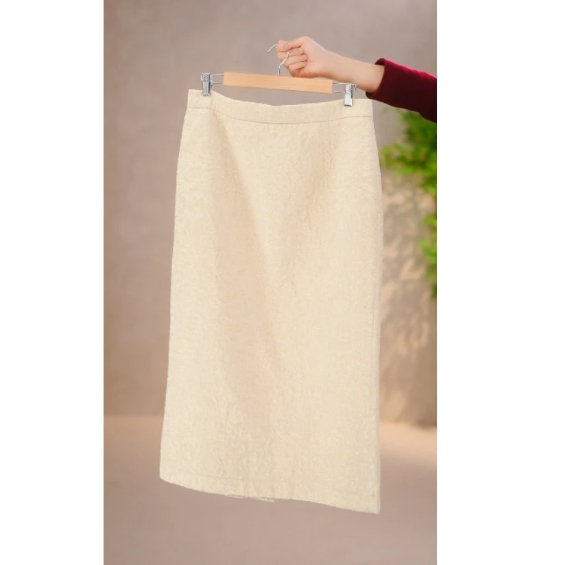 直播间特价 2025春秋浮雕金线高腰通勤后开叉一步裙直筒裙A3319